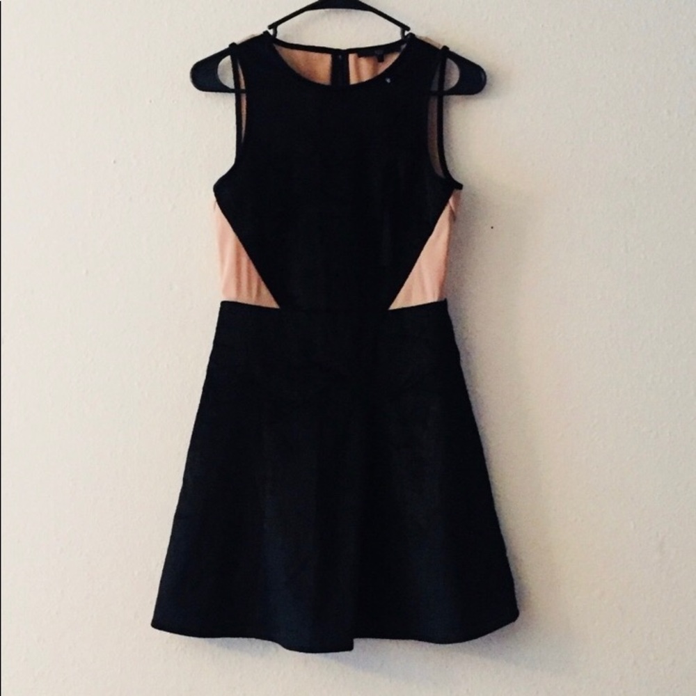 Tibi black suede and tan mesh fit and flare dress